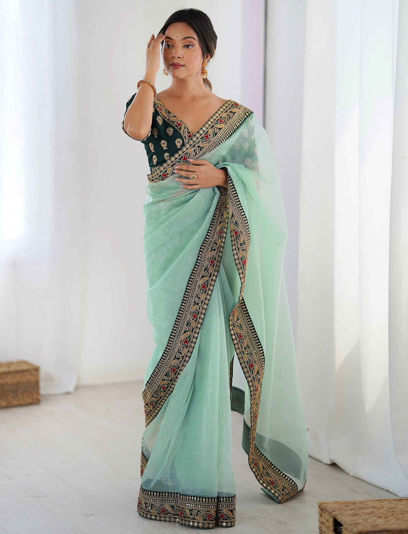 Sky Blue Net Wedding Wear Saree with Banglori Blouse