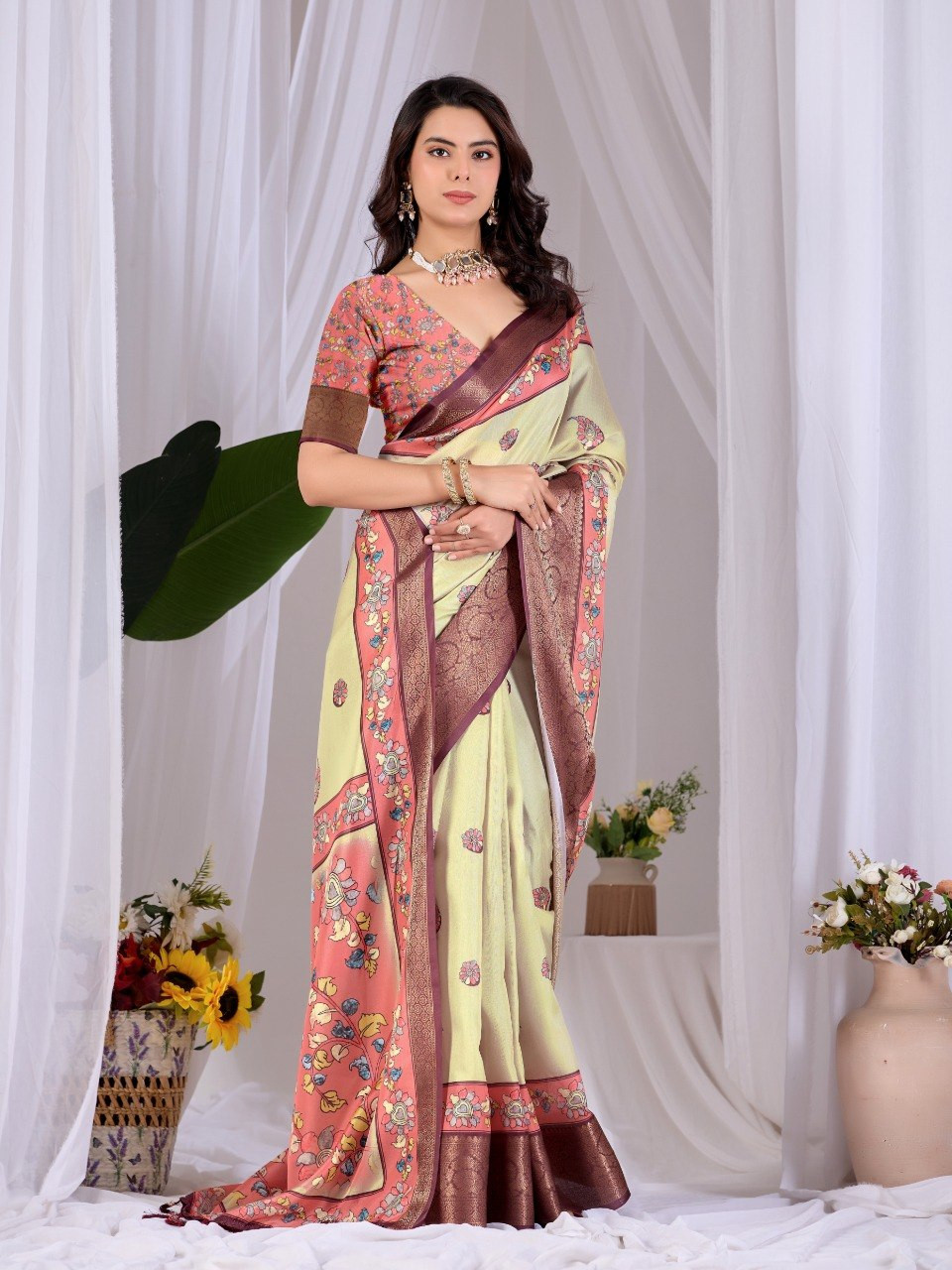 Soft Lichi Silk Saree with Pastel Floral Print & Woven Border | Elegant Traditional Saree with Contrast Blouse