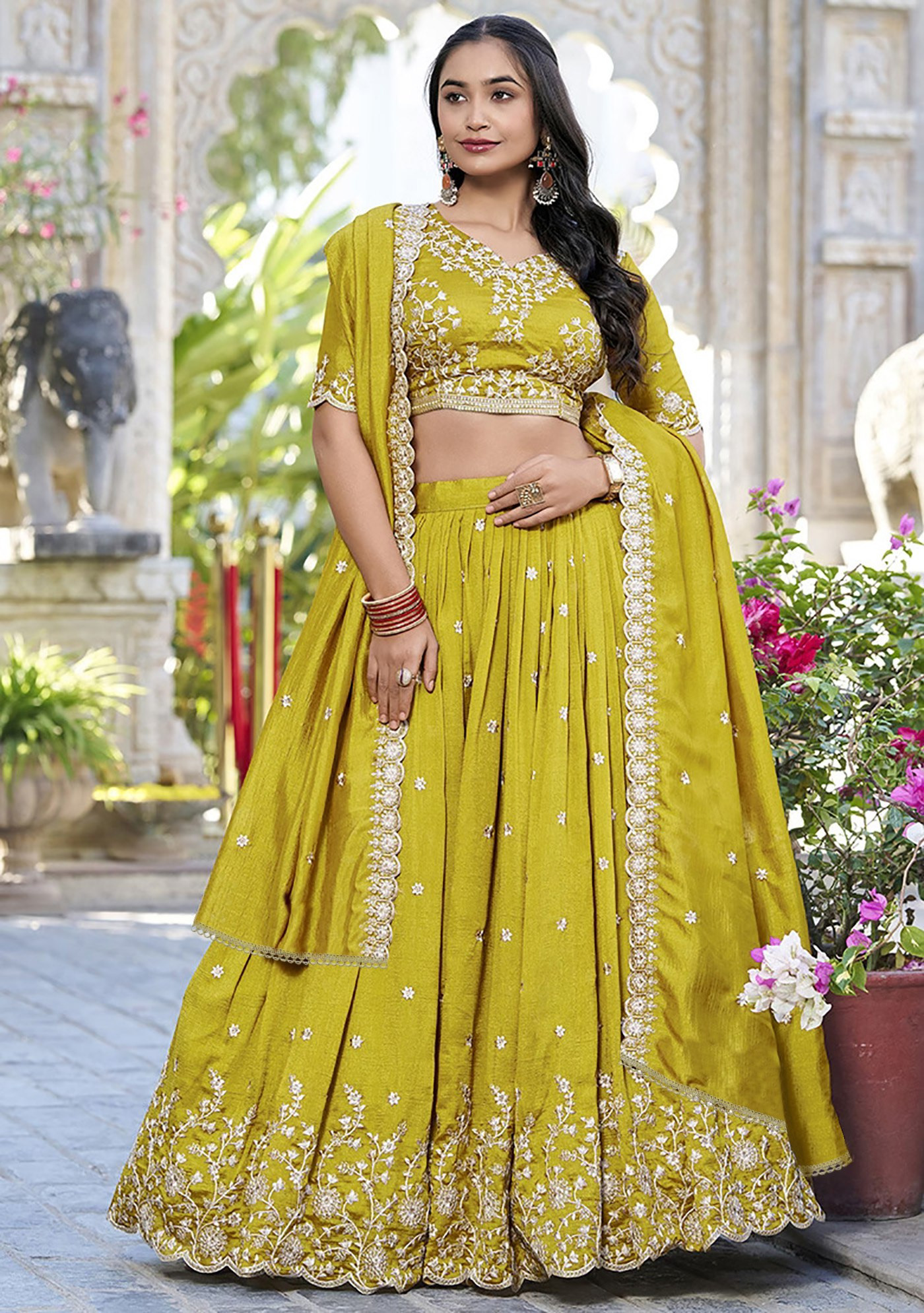 Mustard Embellished Semi Stitched Lehenga Choli