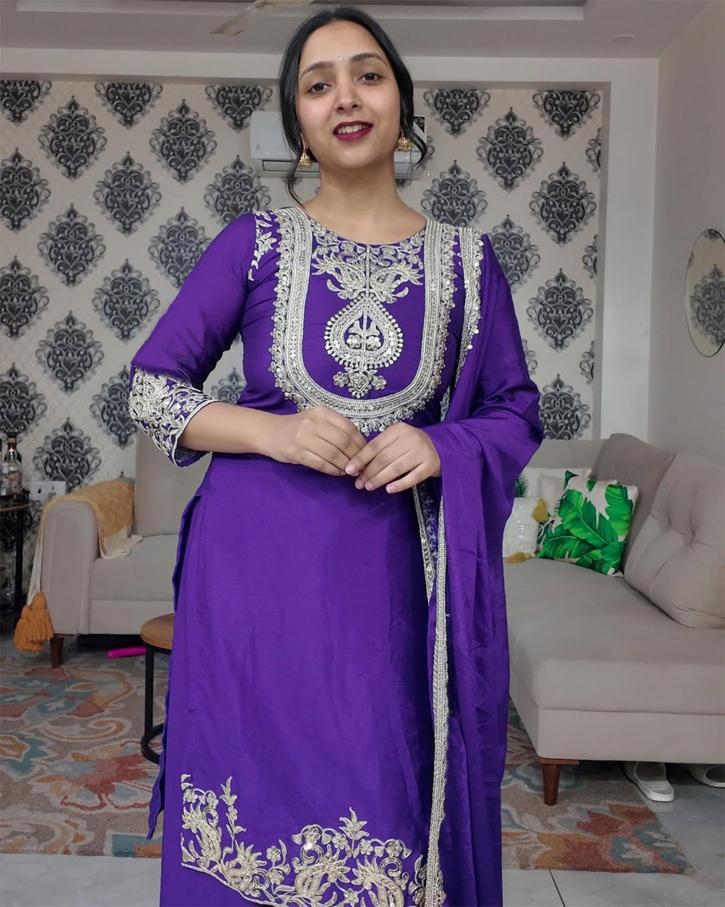 Women’s Silk Embroidered Kurta Pant Dupatta Set | Chinon Fabric | Purple Plazo Suit with Dupatta