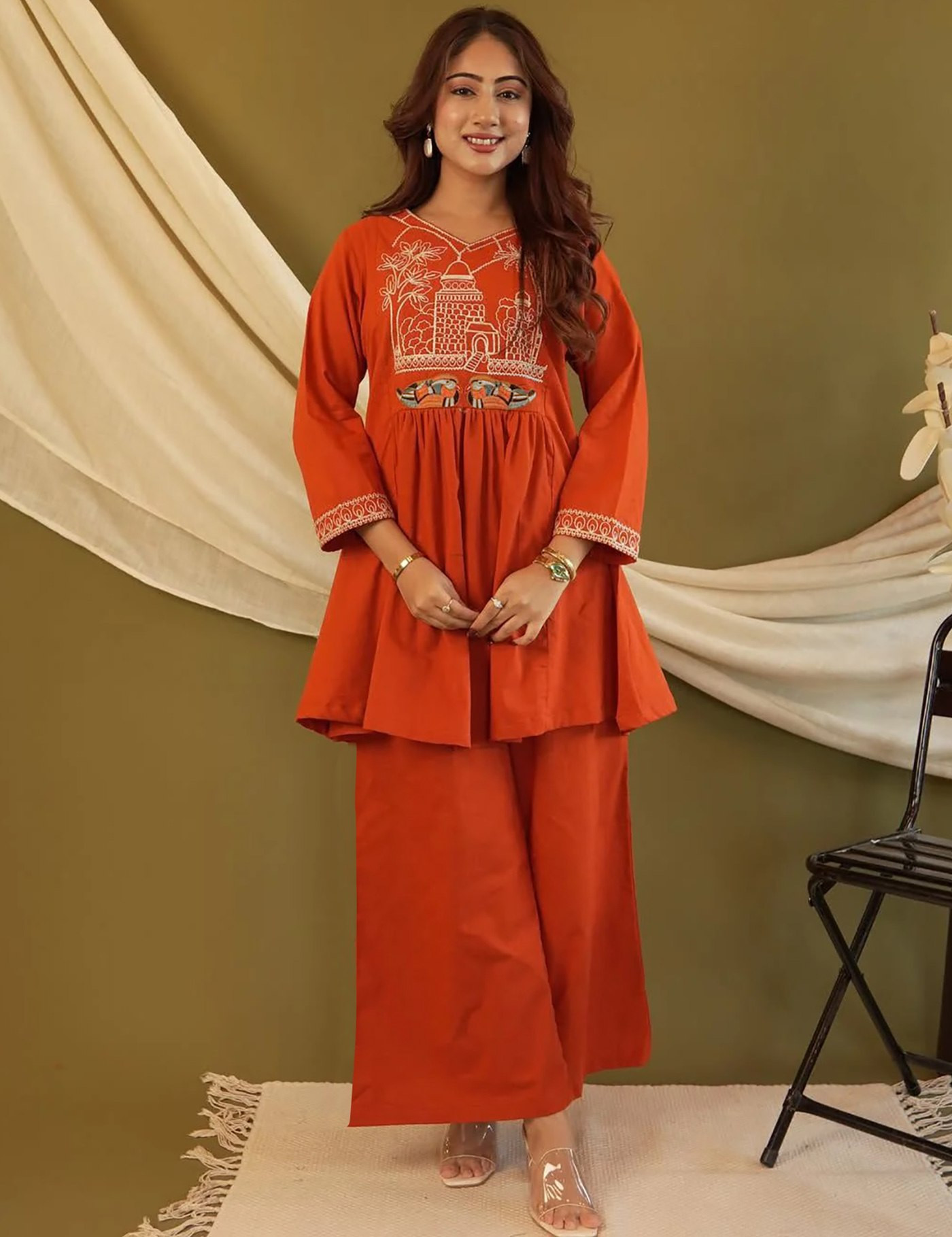 Elegant Orange Embroidered Crepe Kurta Pant Co-Ord Set for Women