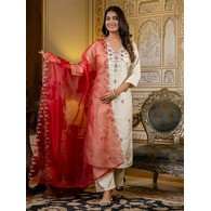 Women’s Beige Embroidered Kurta Pant with Red Organza Dupatta Set