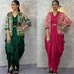 Premium Chinon Silk Indo-Western Dhoti Dress with Embroidered Jacket | Digital Print & Sequins Work