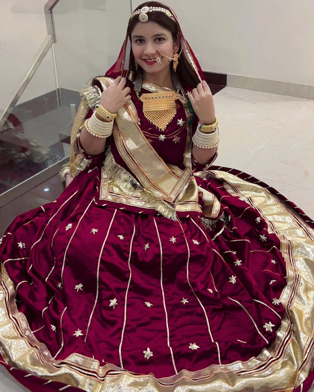 24 Kali Heavy Quality Satin Poshak with Humrahi Pure Odhni in Dark Rani-Colour