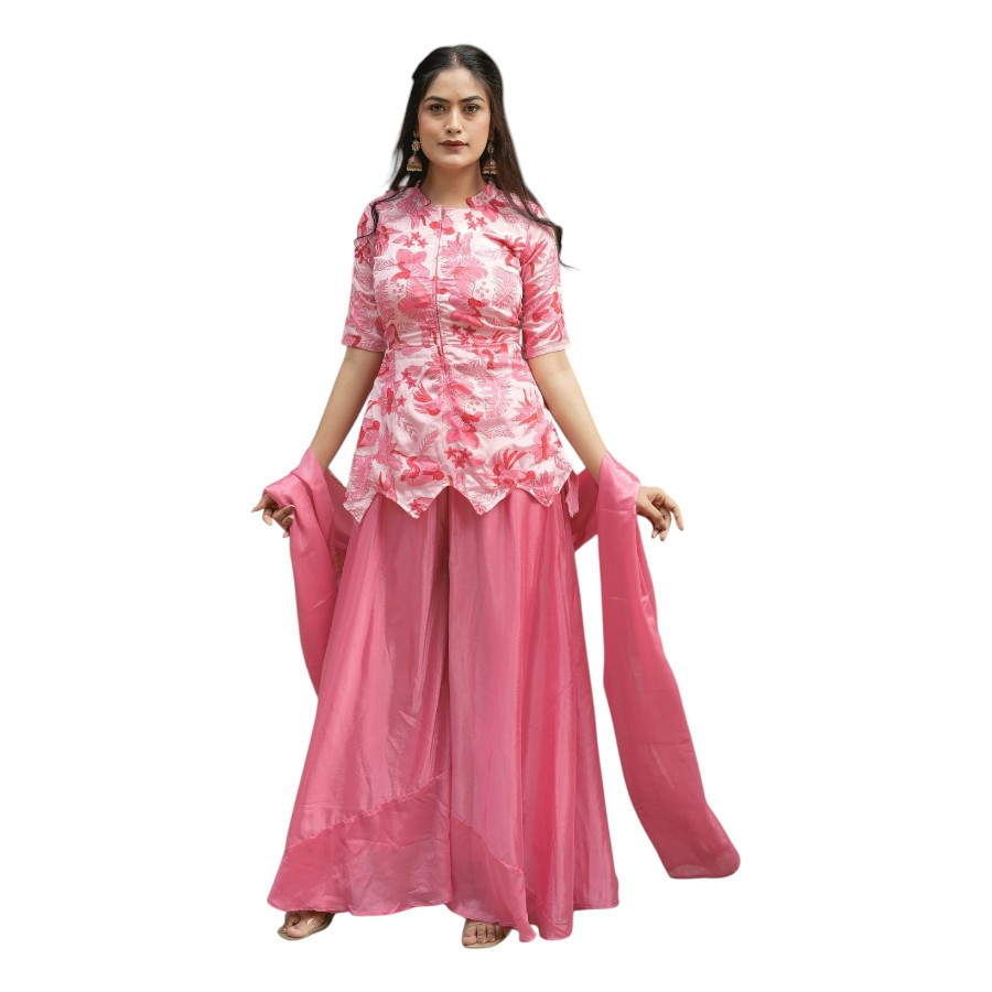 Fancy Chinon Top-Plazo Set with Dupatta | Printed & Embroidered Festive Set