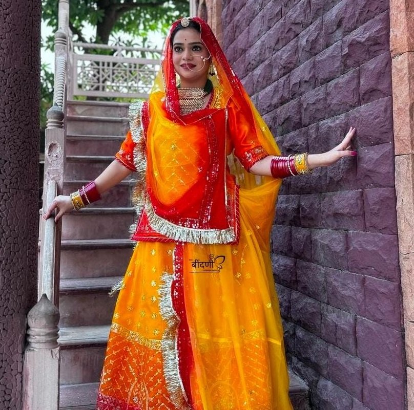 Sunny Radiance: Organza Two-Tone Threadwork Poshak in Orange and Yellow(Semi stich)