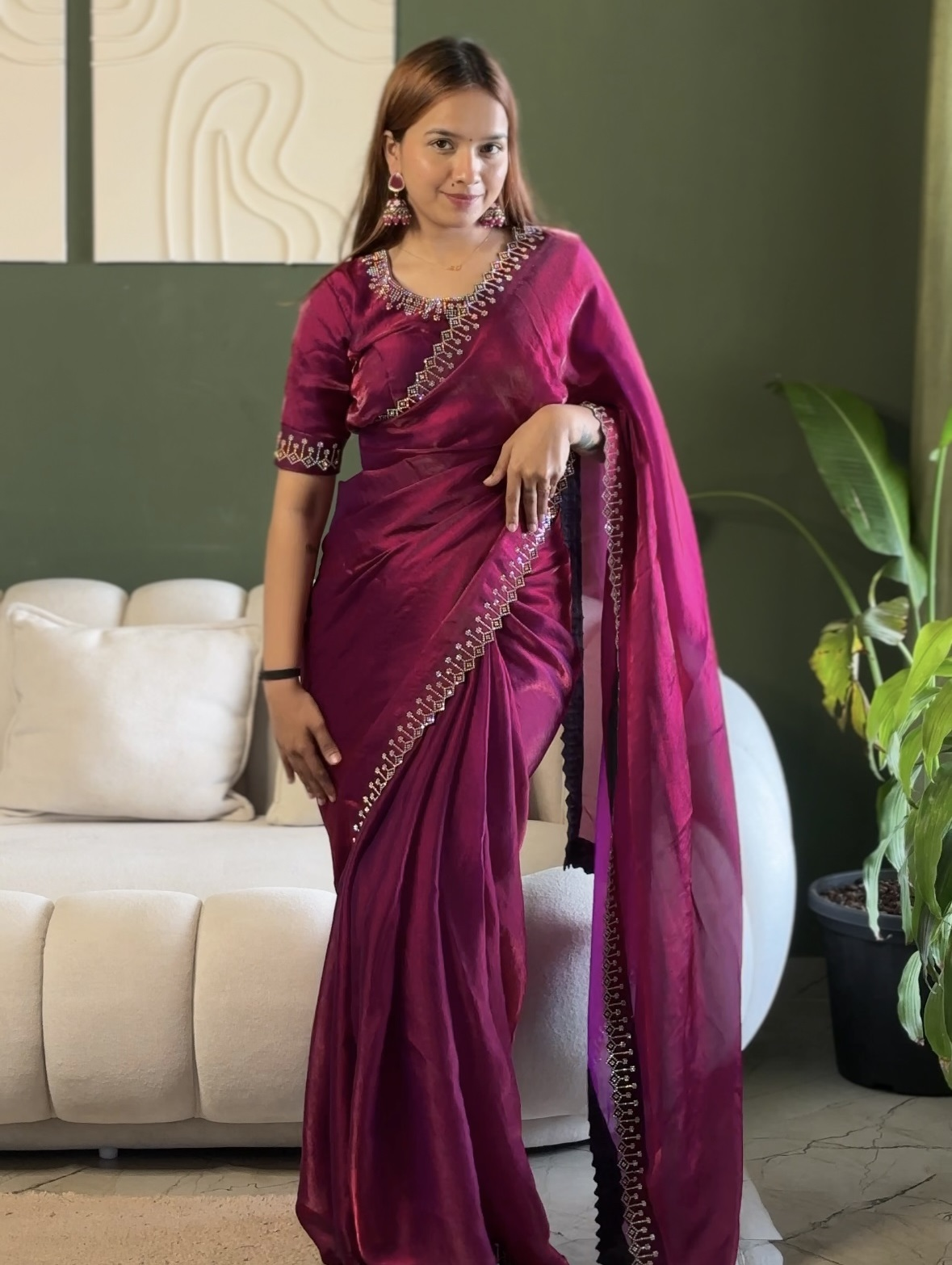 Luxury Space Silk Saree with Zarkan Diamond Work & Matching Blouse