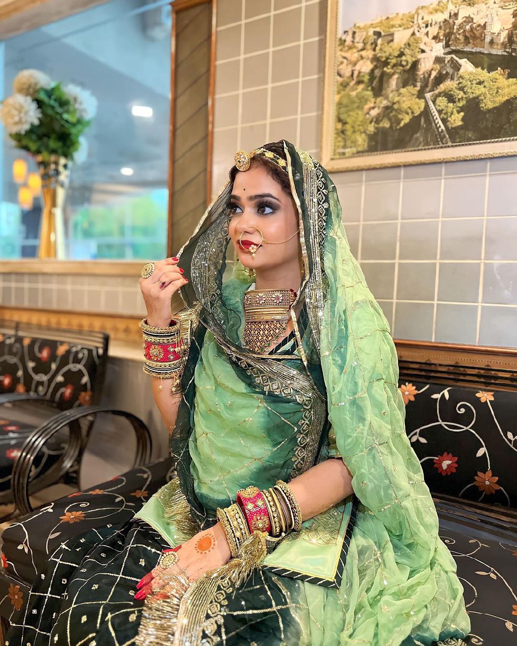 Emerald Enchantment: Verdant Organza Poshak(semi stich)