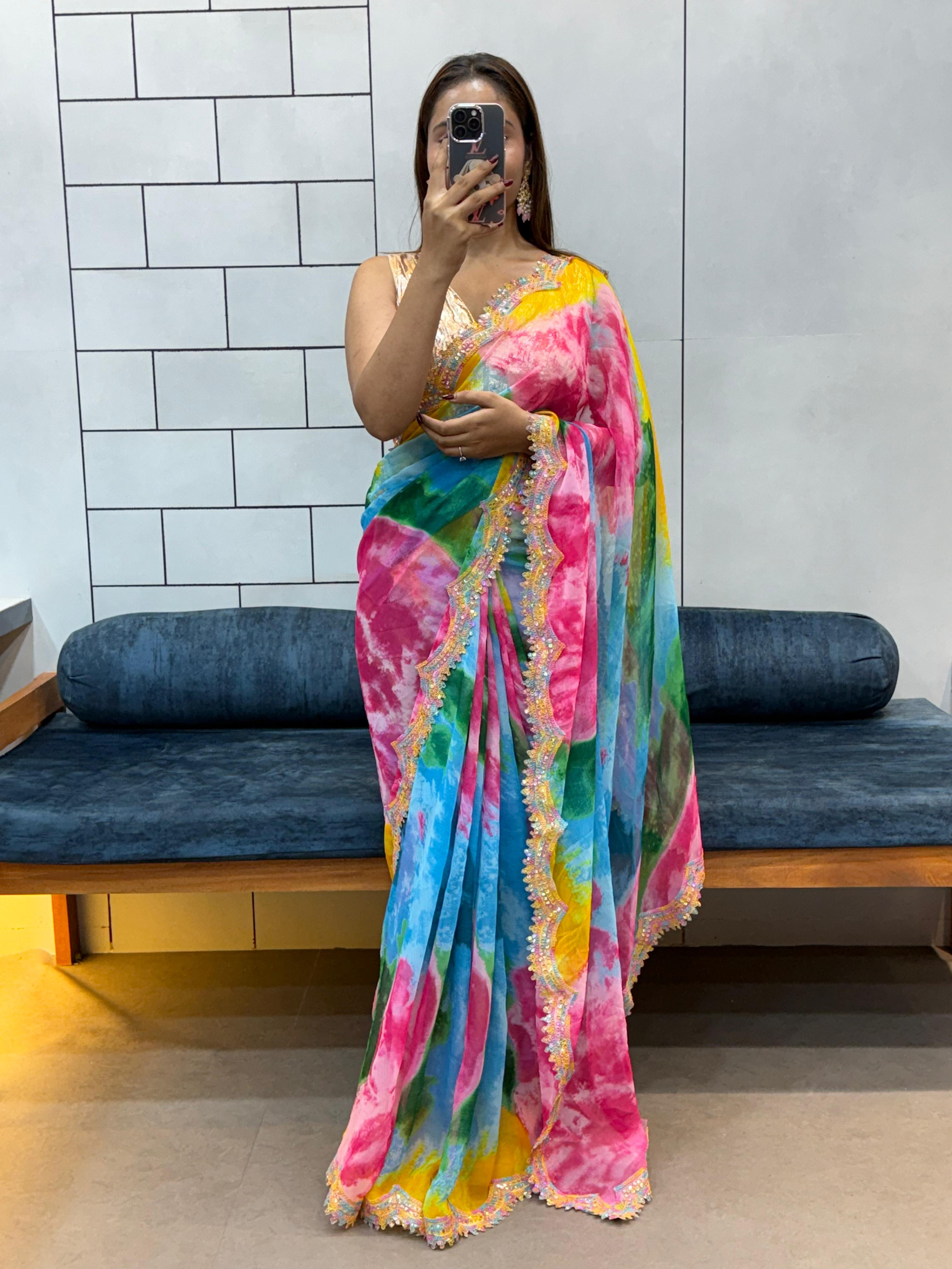 Multicolour Celebrity Style Shibori Print Soft Faux Georgette Saree