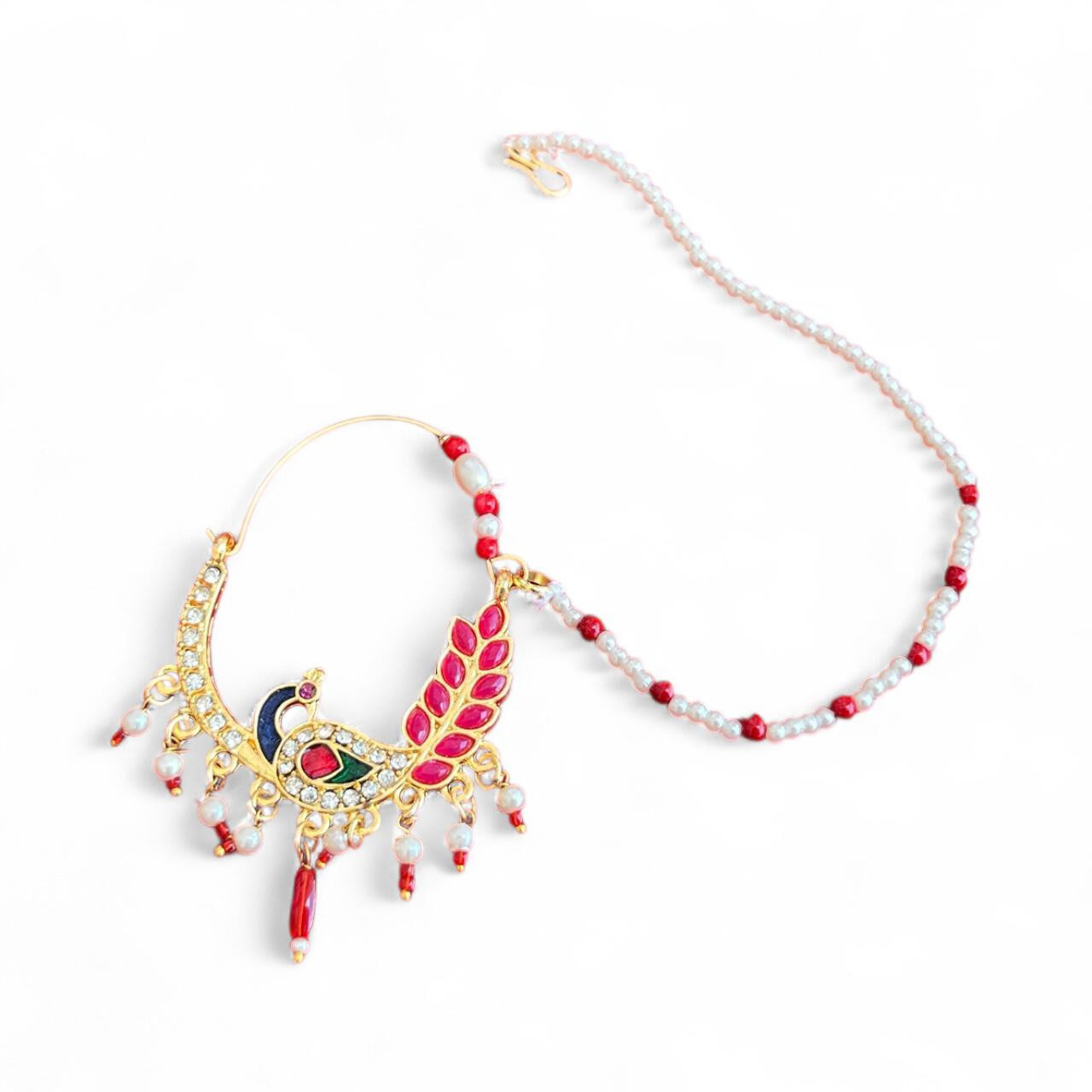 Peacock Design Nath with pearl and green stone