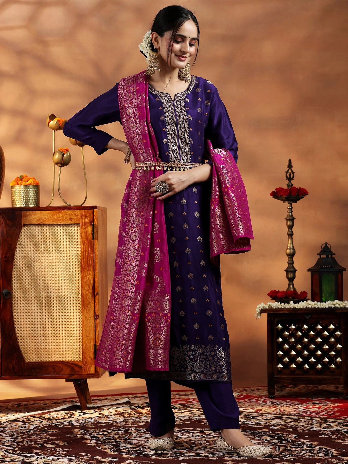 Violet Wooglee Art Silk Suit Set with Embroidery & Jacquard Weaving | Designer Kurta Pant Dupatta Set for Women
