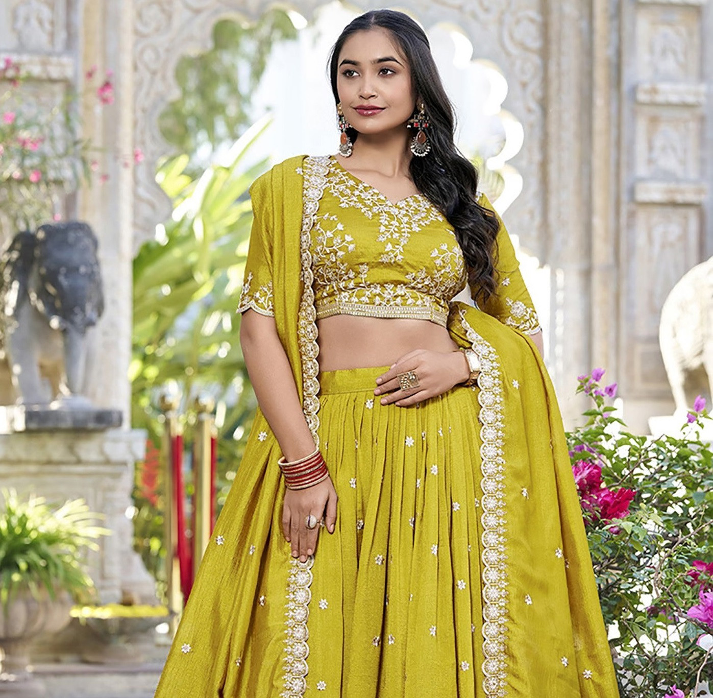 Mustard Embellished Semi Stitched Lehenga Choli