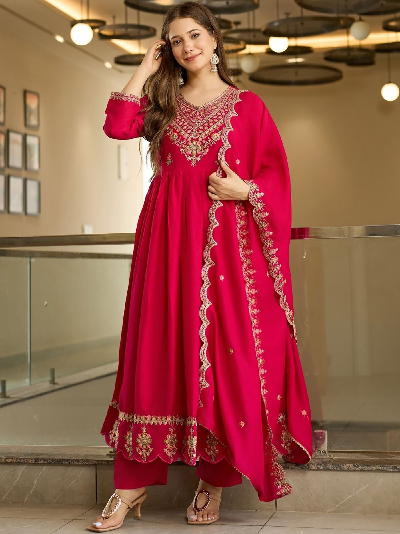 Pink Kent Anarkali Sharara Set with Dupatta | Embroidered Vichitra Fabric Ethnic Wear for Women