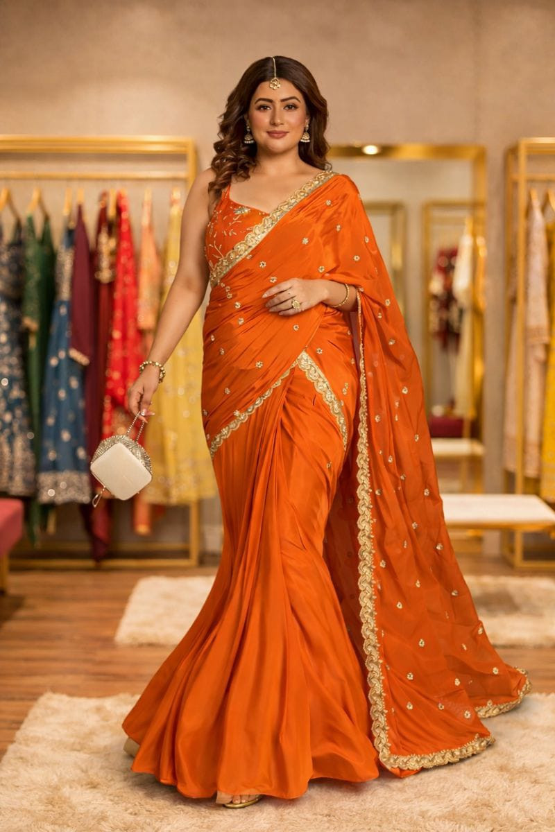 Designer Chinnon Silk Lehenga Saree with Embroidery & Sequence Work – Ready to Wear