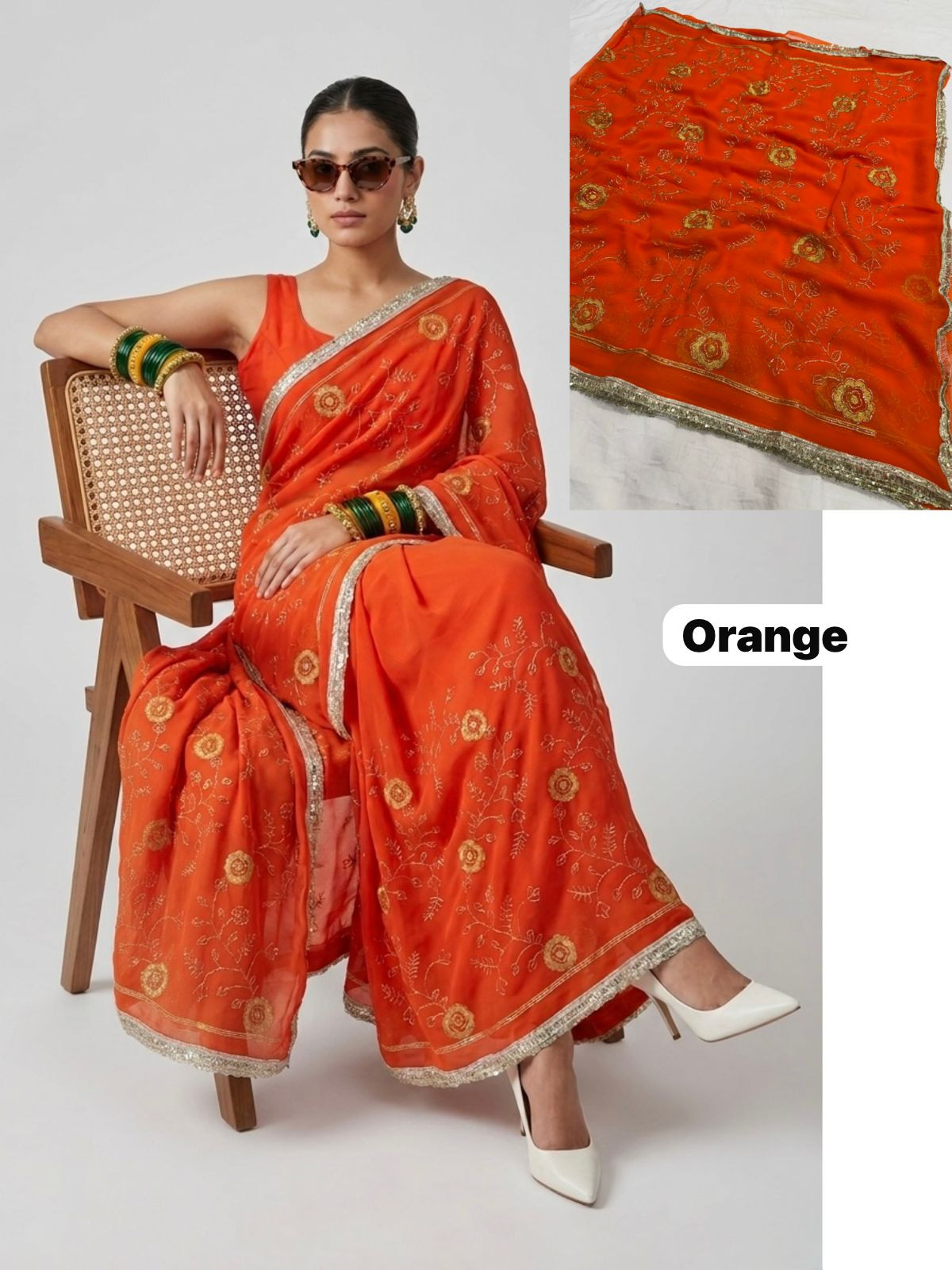 Trendy Orange Rajputi Silk Saree with Golden Zari Work - Festive & Wedding Wear
