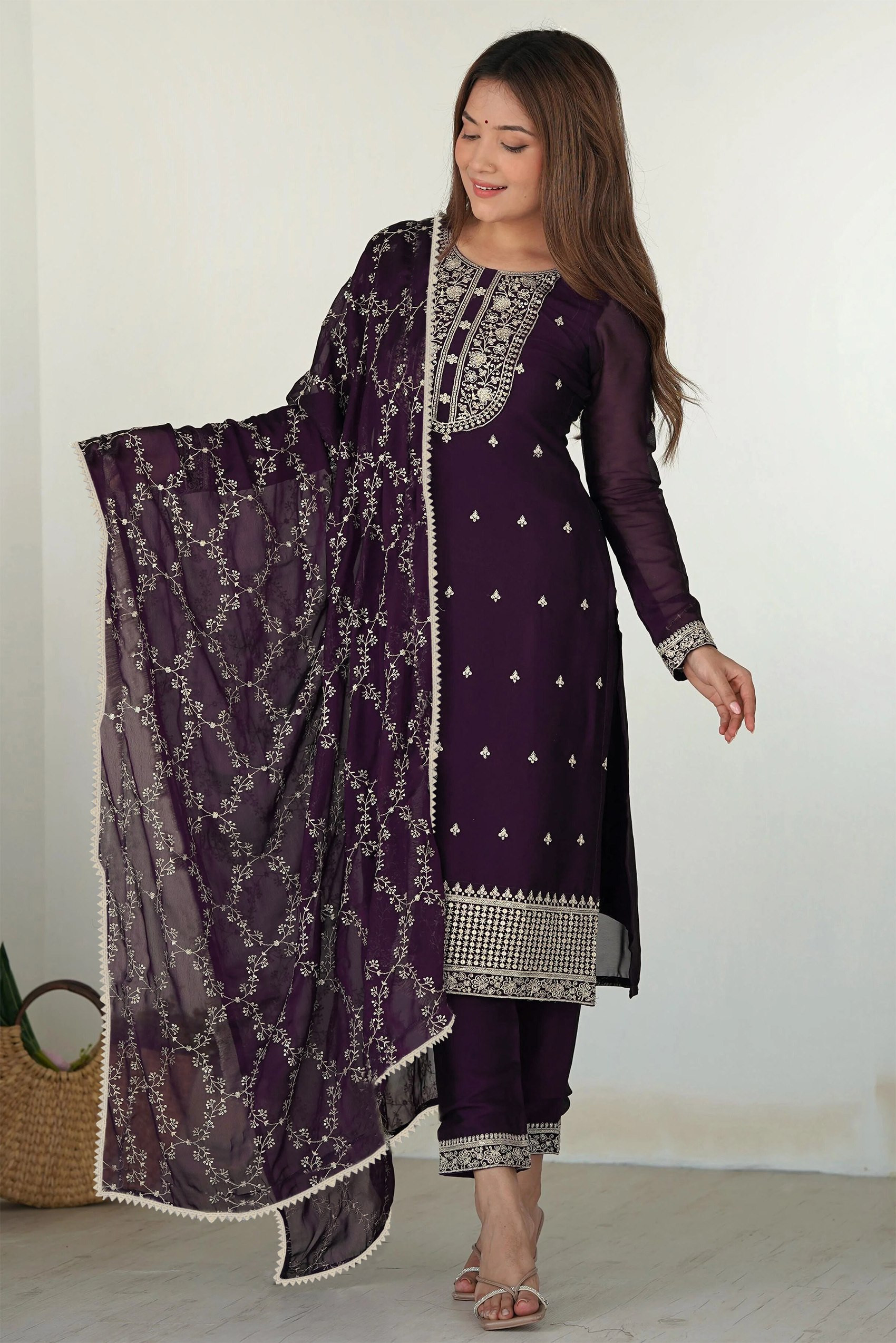 Elegant Purple Georgette Embroidered Kurta Pant Dupatta Set for Women