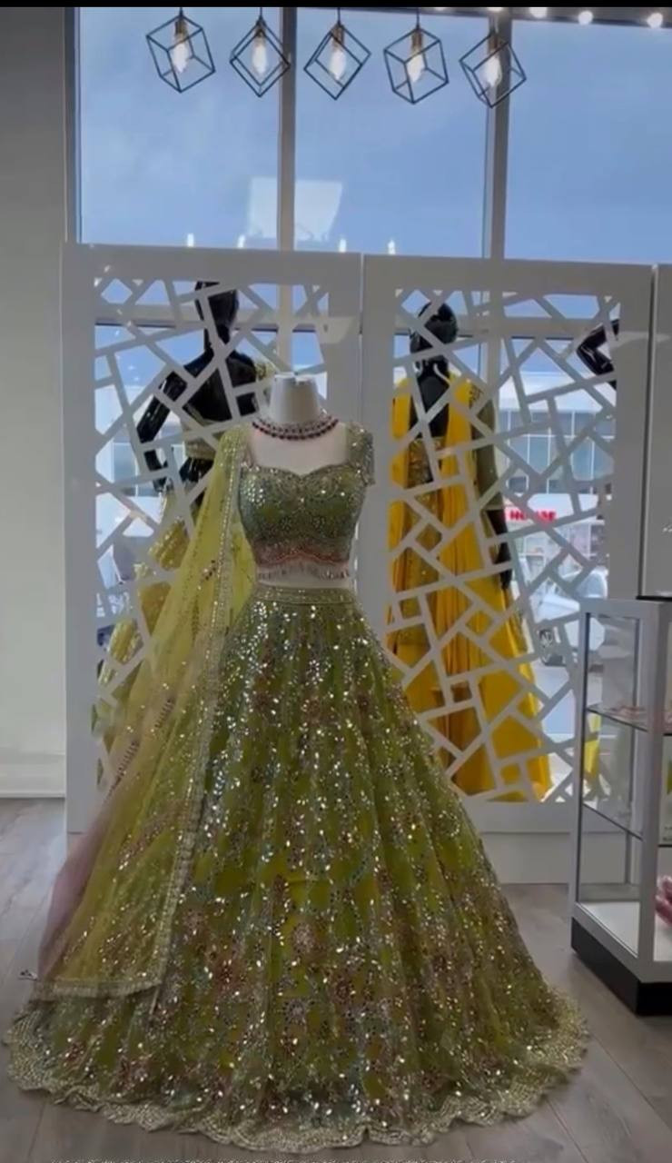 Real Mirror & Sequins Lehenga with Can-Can and Canvas Layers – Glamorous Soft Butterfly Net Semi-Stitched Set