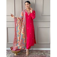 Women Pure Silk Embroidered Kurta Pant with Georgette Dupatta Set – Pink