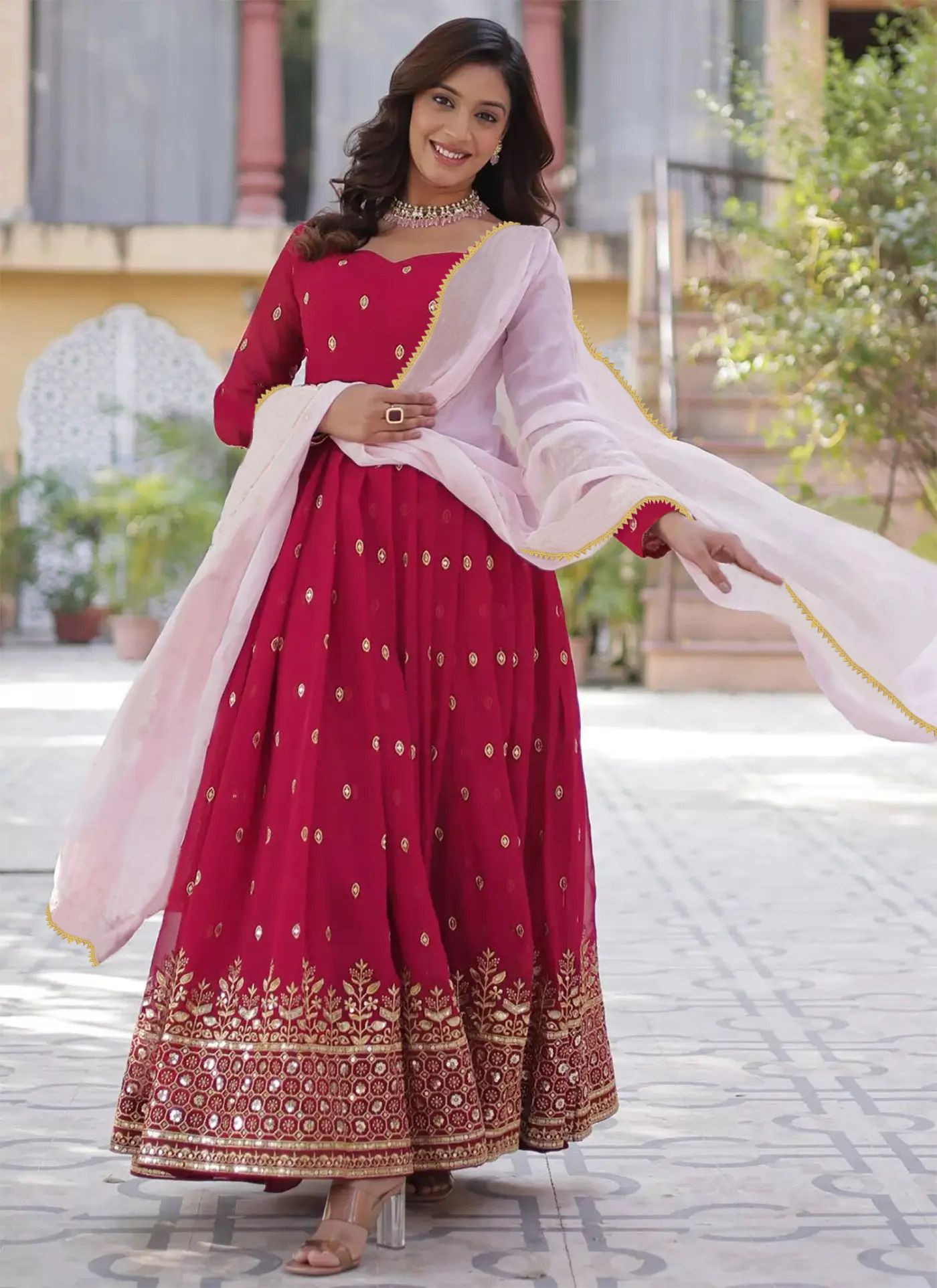 Embroidered Pink Georgette Anarkali Gown with Dupatta – Stitched Party Wear