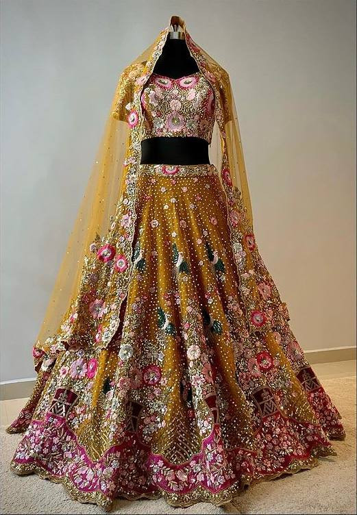 3.5 Meter Flared Sequins Thread Work Lehenga with Can-Can & Canvas Layers – Glamorous & Comfortable