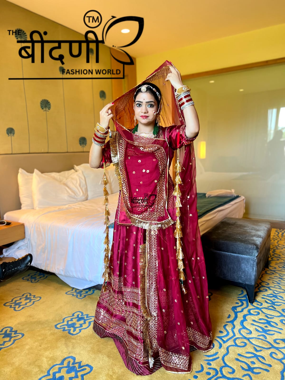 Regal Crimson Elegance: Maroon Satin Poshak(Semi stich)