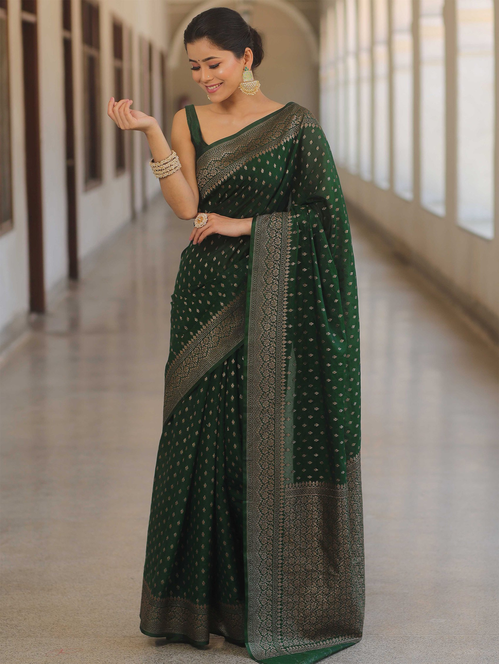 Premium Banarasi Jacquard Saree with Blouse Piece for Women – Green, Jari Woven Design