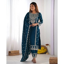 New Trending Ladu Kurta Set in Cerulean Blue – Vichitra Silk Embroidered Kurta with Pant & Dupatta