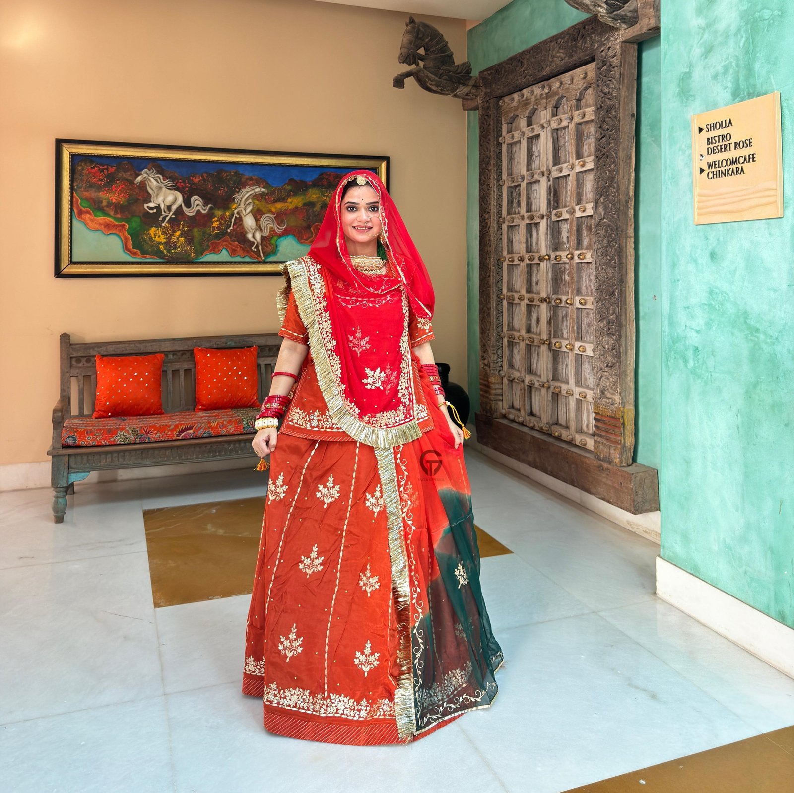 Red Coloured Natural Crepe Humrahi Pure With Zari Pitran Work Rajputi Poshak