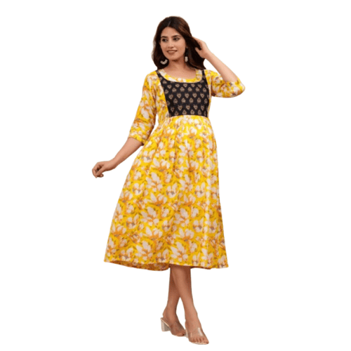 Yellow Printed Cotton maternity Feeding Kurti