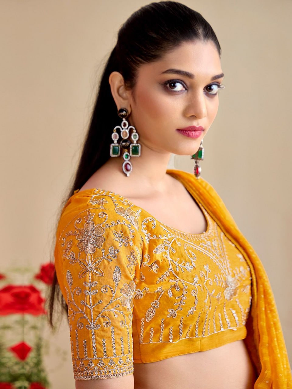 Bandhni Moss Chiffon Saree with Embroidered Lace & Blouse