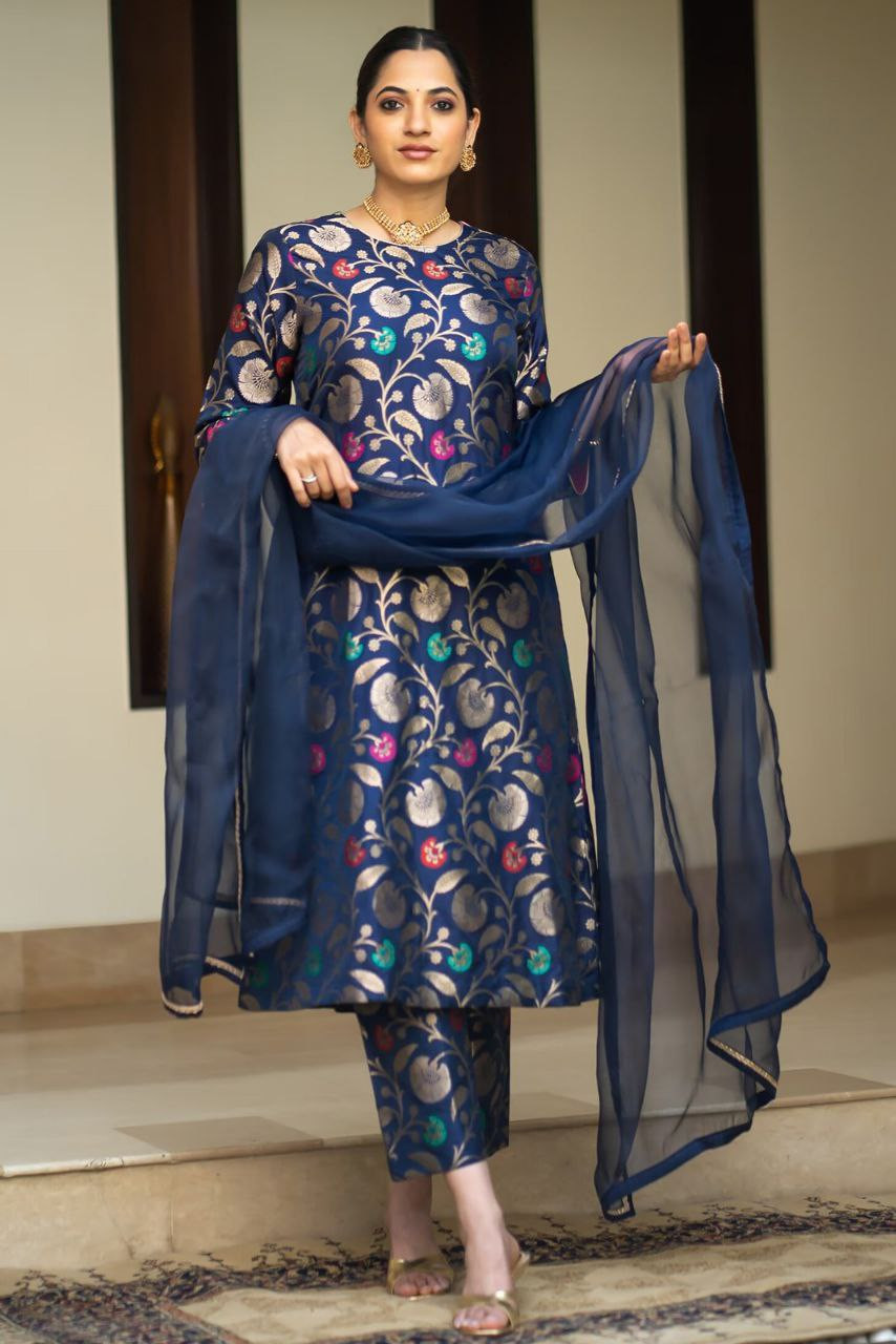 Elegant Blue Silk Jacquard Kurta Pant Dupatta Set for Women | Woven Design Festive Ethnic Wear
