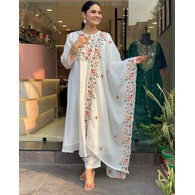 Women’s Embroidered Kurta Pant Dupatta Set | Tesla Fabric Kurti with Pant & Vichitra Dupatta