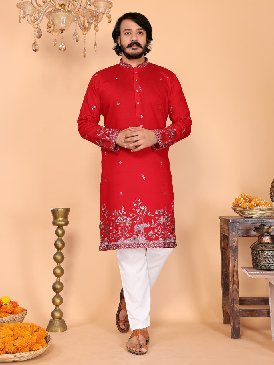 Men’s Heavy Linen Cotton Embroidered Kurta Pyjama Set | Festive & Wedding Wear