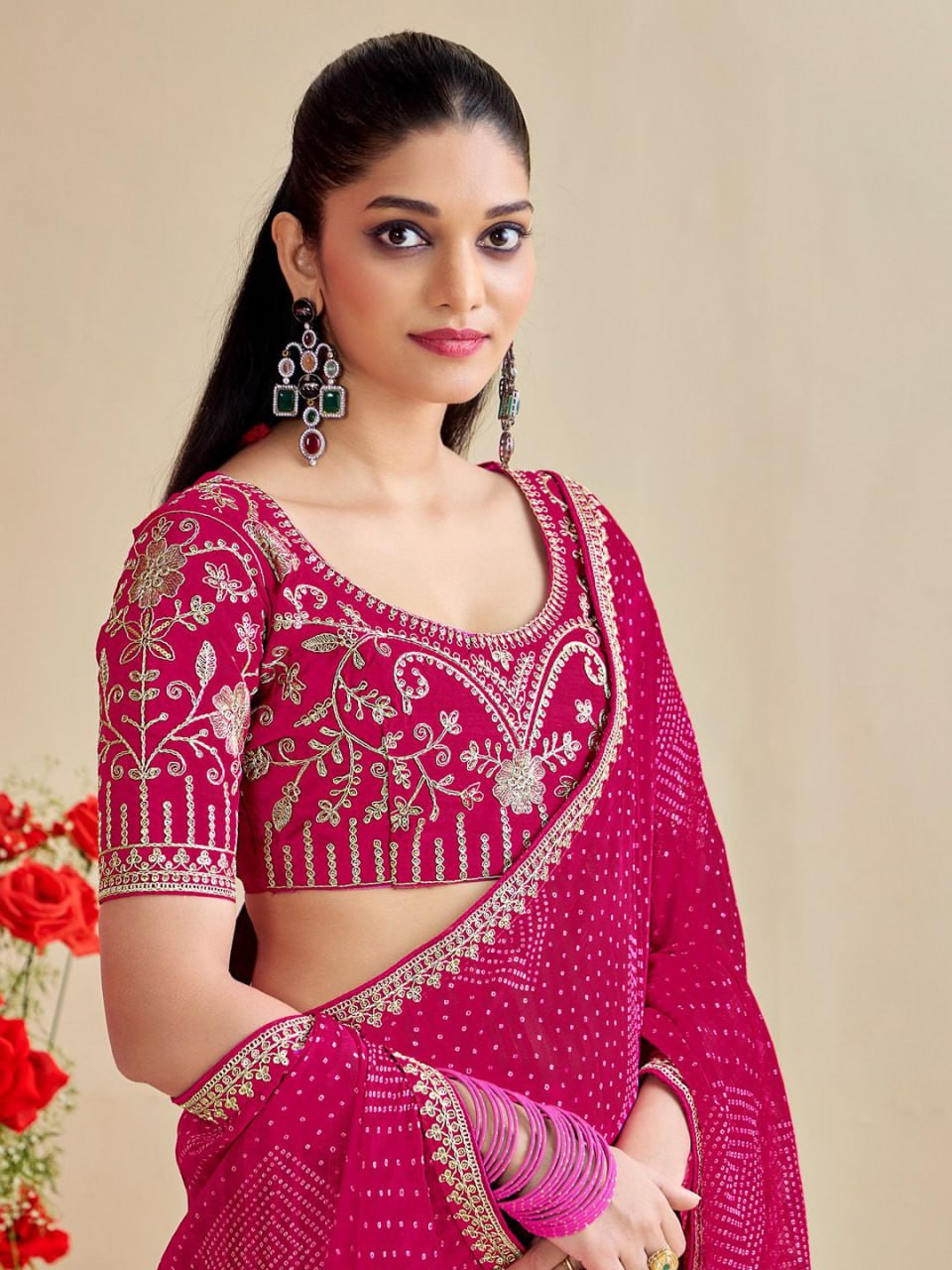 Royal Bandhni Moss Chiffon Saree with Embroidered Lace & Designer Blouse