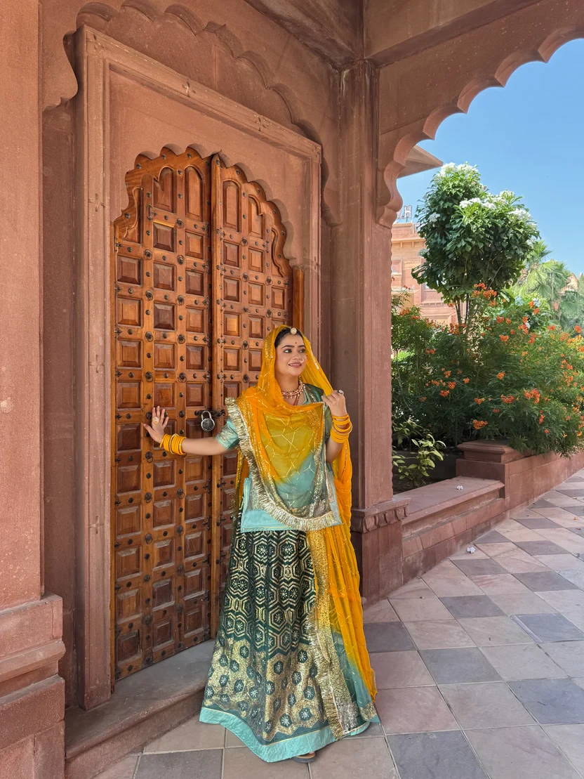 Green Organza RAjputi Poshak with Contrast Odhna