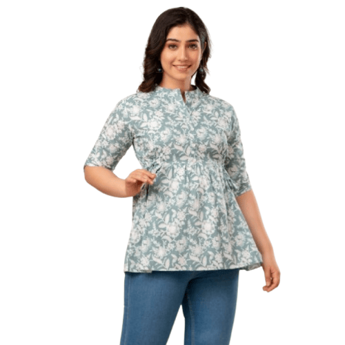 Gray White Printed Pure Cotton Womens Top