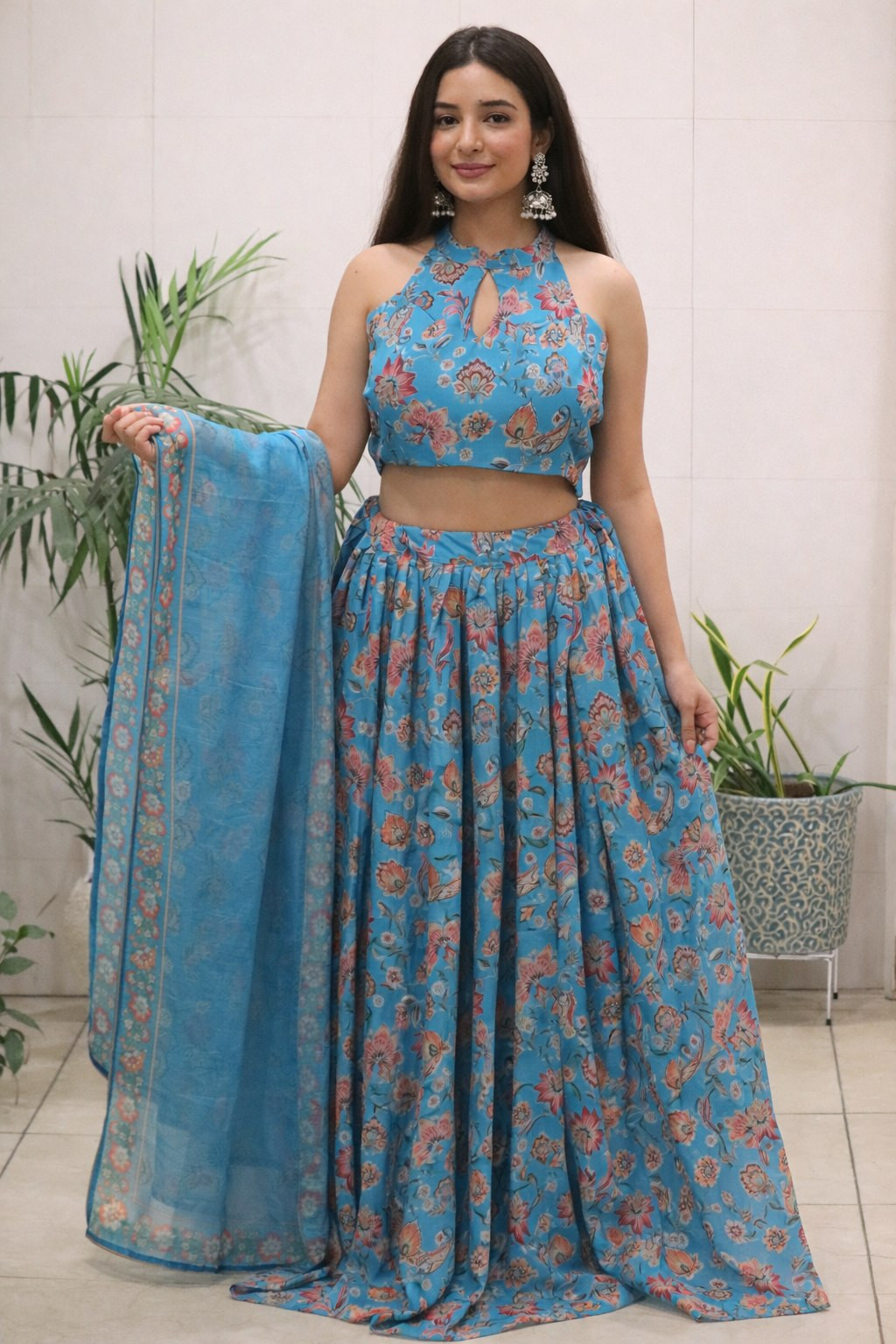 Elegant Blue Floral Organza Lehenga Set with Halter Neck Blouse & Dupatta