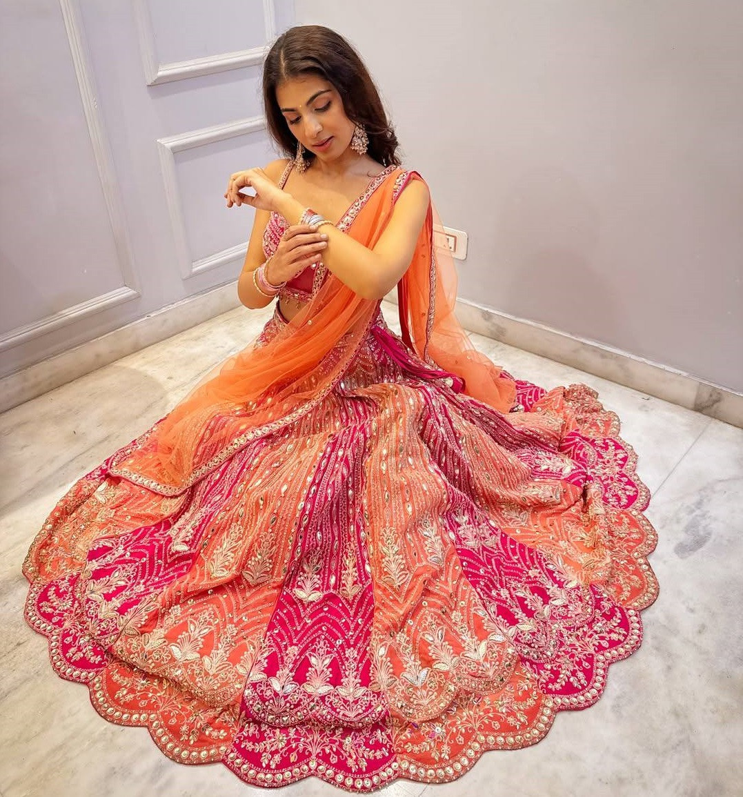 4 Meter Flare Designer Fox Georgette Lehenga with Sequins Coding & Real Mirror Work