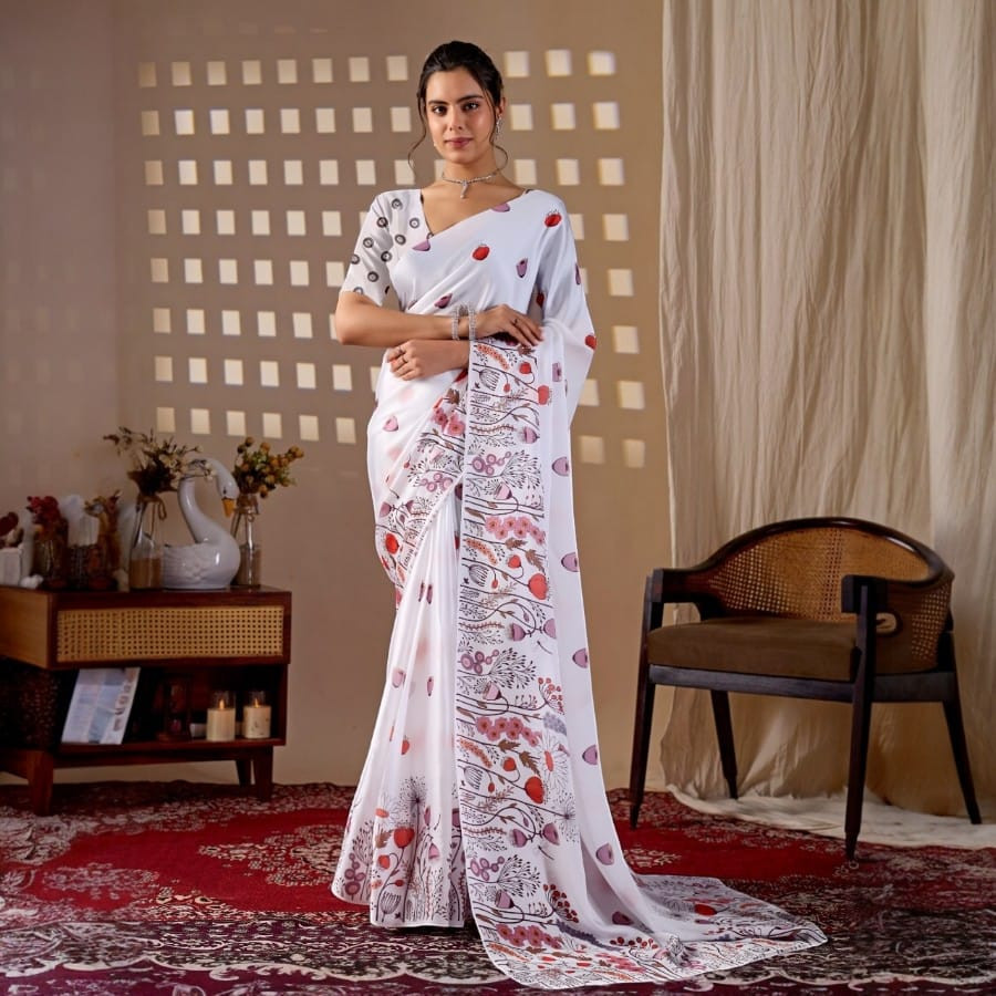 Elegant White Satin Georgette Saree with Floral & Abstract Digital Print