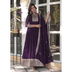 Embroidered Wine Georgette Stitched Anarkali Gown with Dupatta – Elegant Party & Wedding Wear