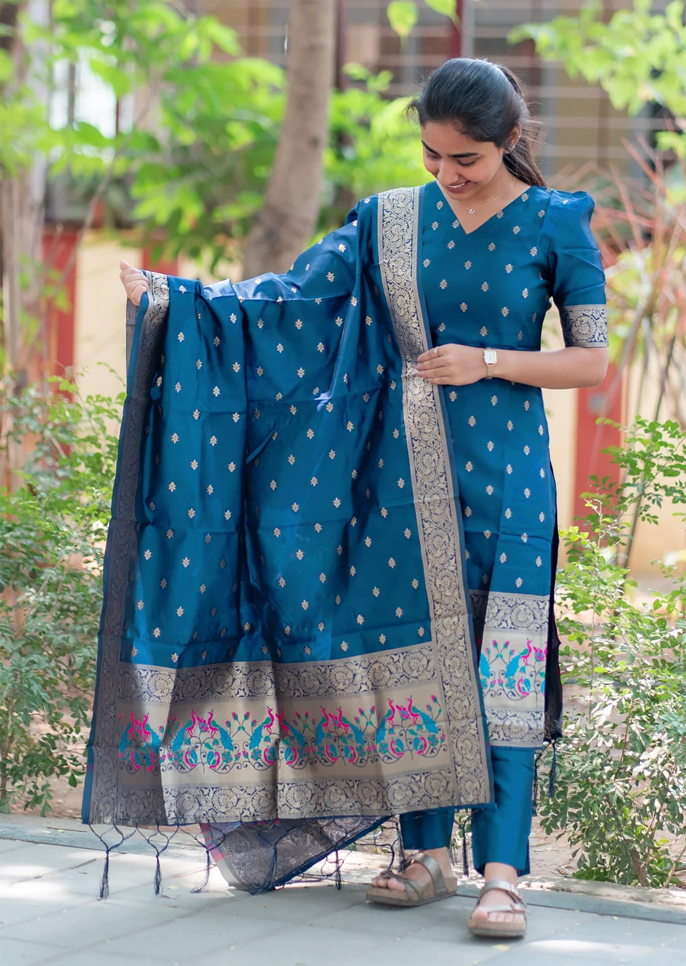 Women Cerulean Jacquard Kurta Pant Dupatta Set with Weaving Work