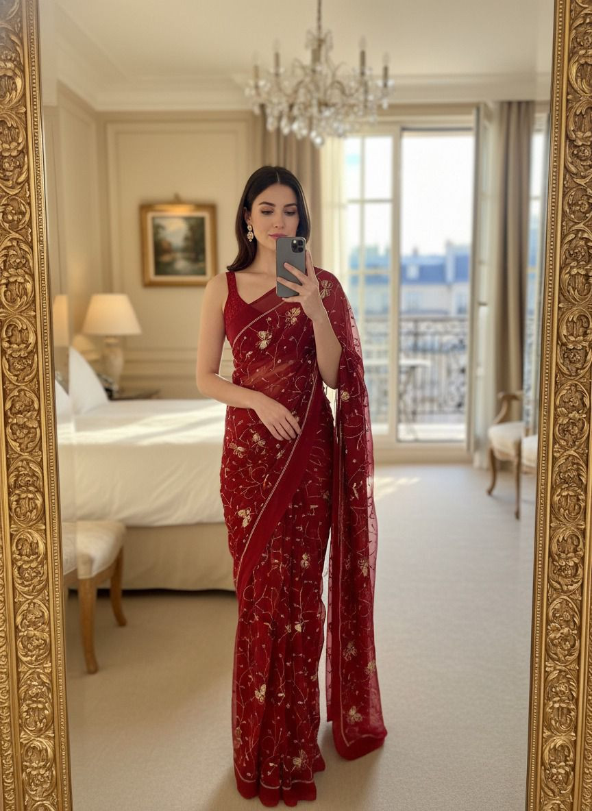 Premium Rajwadi Bhugli Work Georgette Saree – Original Thakurji Fabric