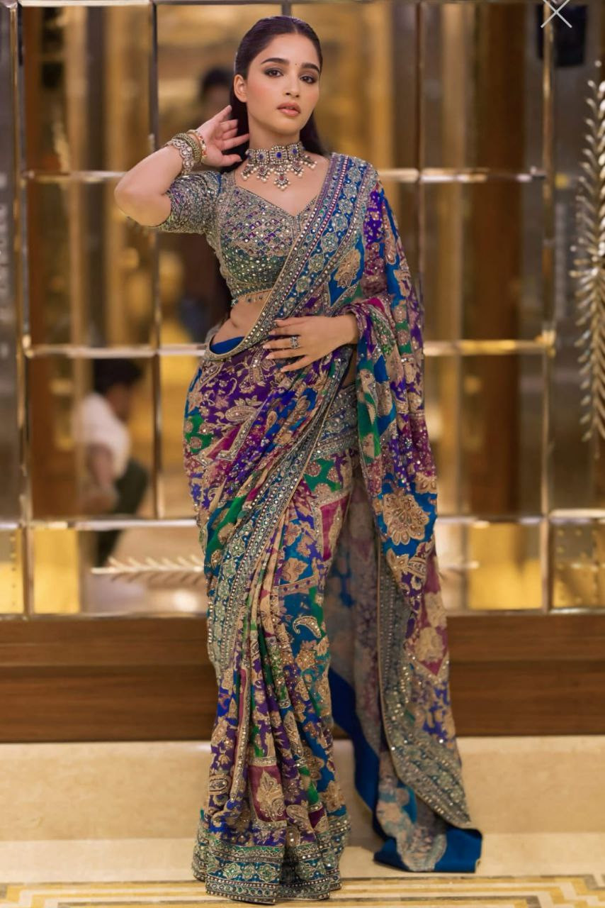 Premium Chinon Silk Real Mirror Work Saree with Printed Design & Unstitched Blouse