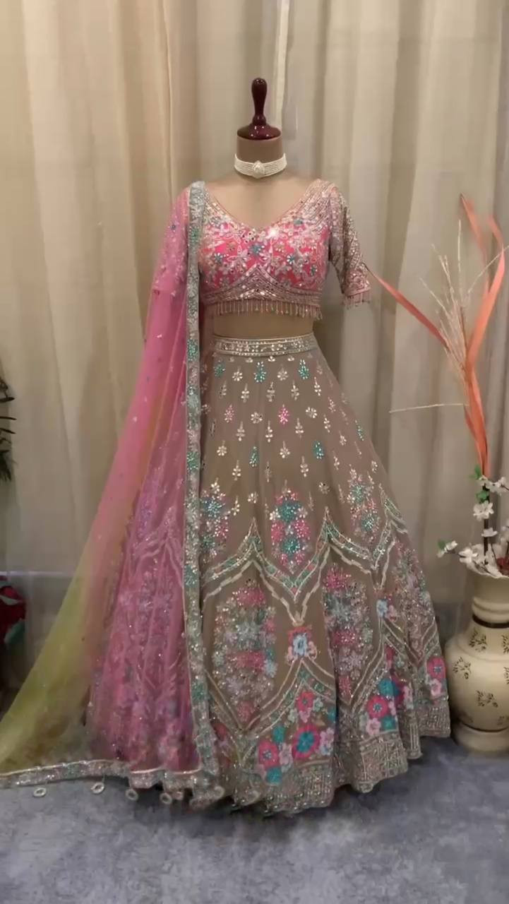 Real Mirror 3.5 Meter Flared Lehenga with Can-Can & Canvas Layers – Glamorous Semi-Stitched Set with Blouse & Dupatta