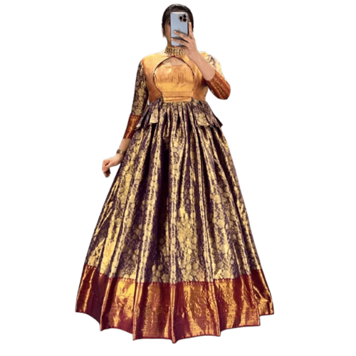 Kanjivaram pattu gowns with koti for women