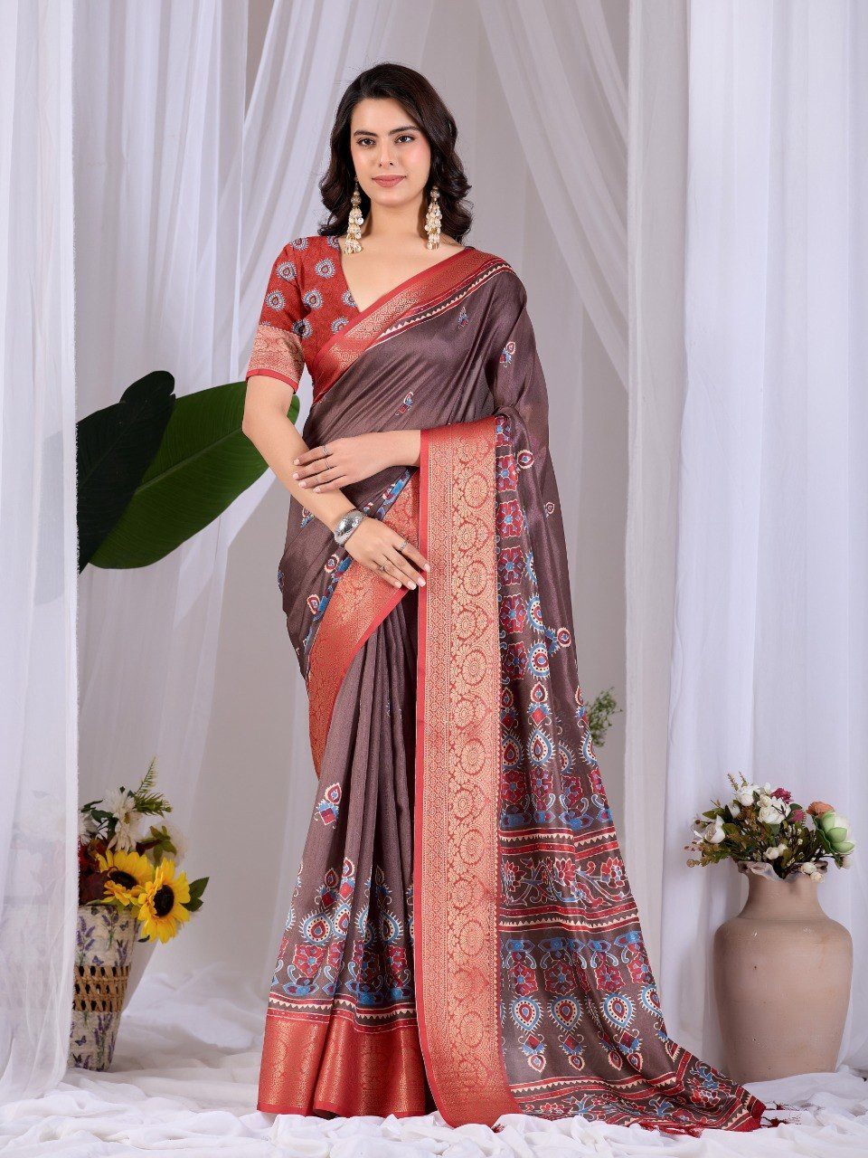 Elegant Brown & Red Lichi Silk Saree with Traditional Motifs & Woven Border