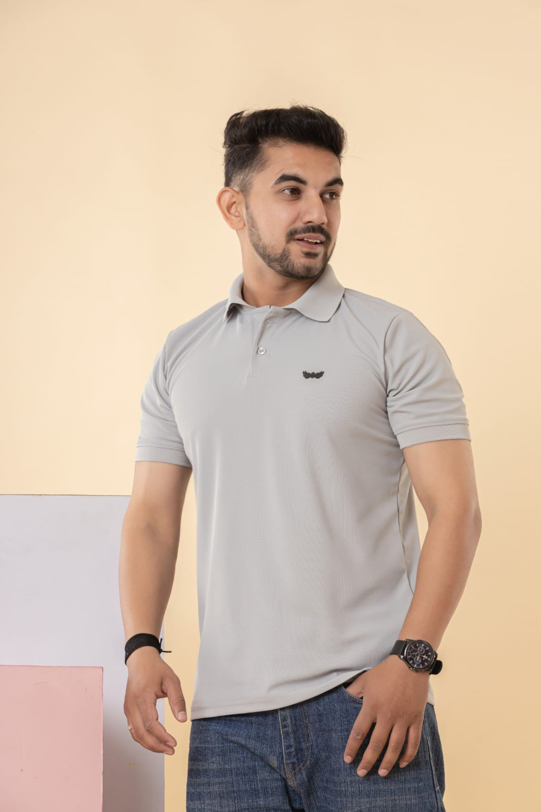 Sky of Stars Men's Solid Light Grey Polo T-Shirt