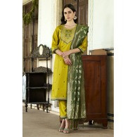 Women’s Mustard Silk Embroidered Kurta Pant with Jacquard Silk Dupatta Set