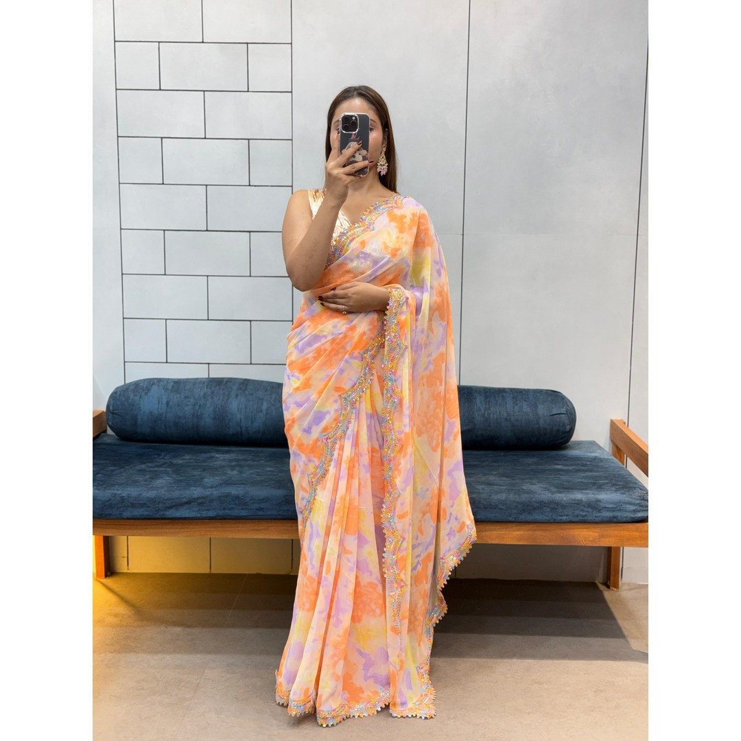 Celebrity Style Shibori Print Soft Faux Georgette Saree with Rainbow Sequin Lace & Blouse