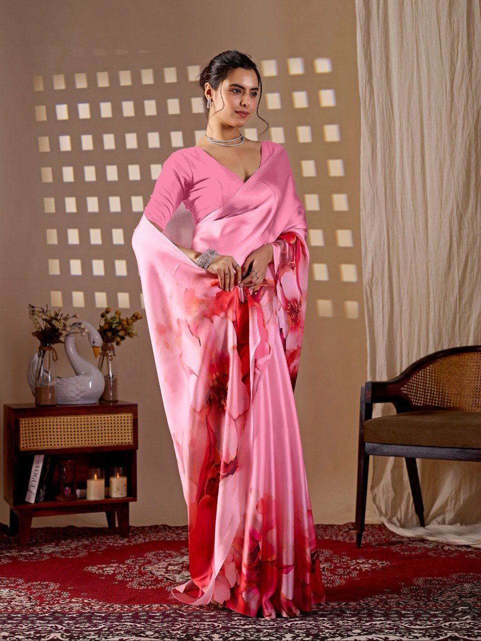 Pink Floral Satin Georgette Saree